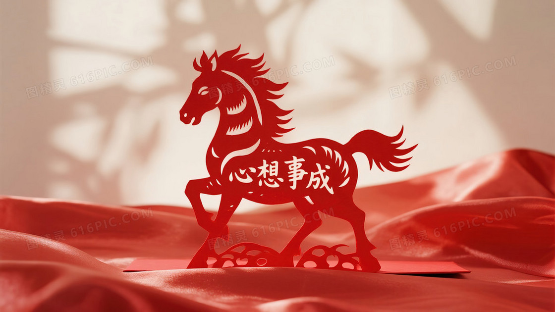 中国新年红色剪纸马心想事成喜庆背景