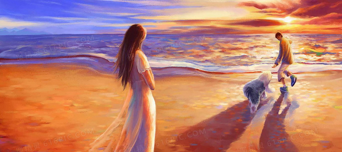 浪漫情侣海边油画背景图