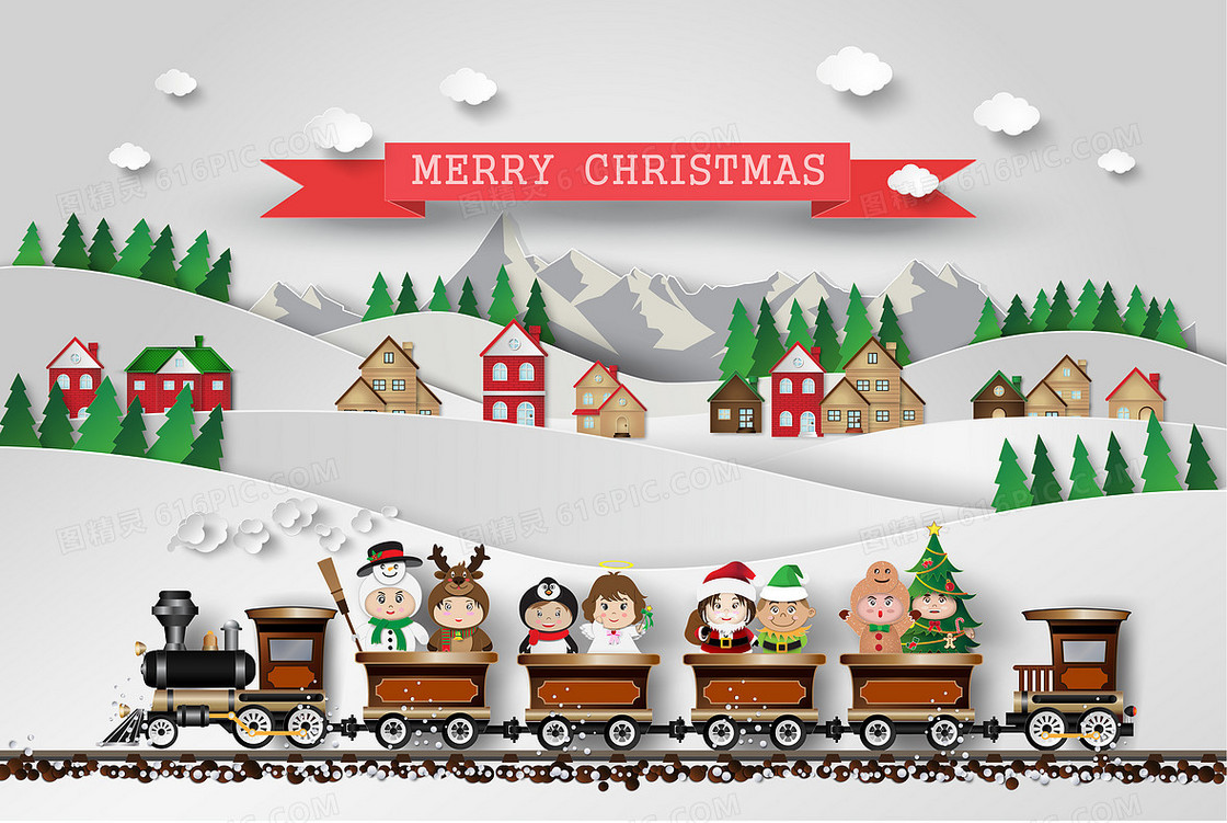 圣诞火车麋鹿雪山风景海报背景素材