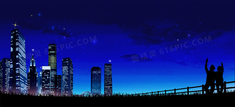 蓝色城市夜景情侣月亮详情页海报背景