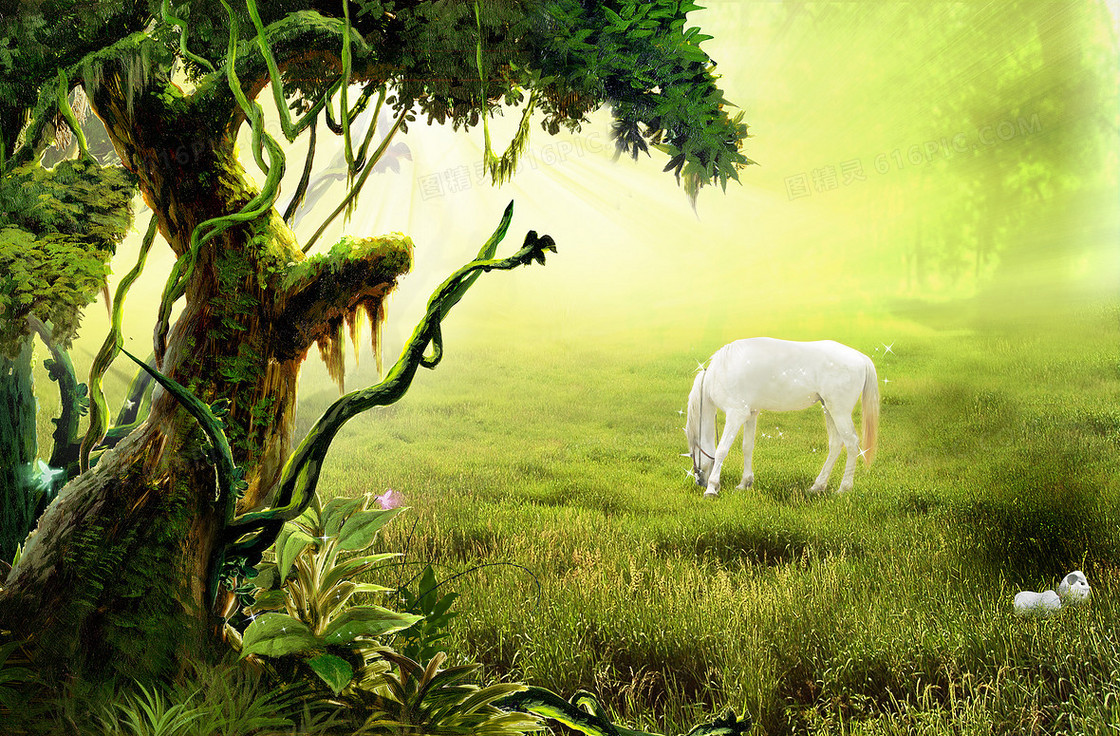 动物马匹绿草地藤条大树背景素材