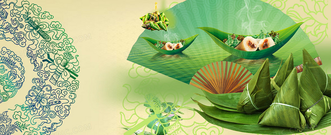 中国风折扇粽子绿色背景素材