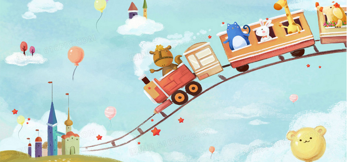 幻童话火车旅行手绘儿童房背景