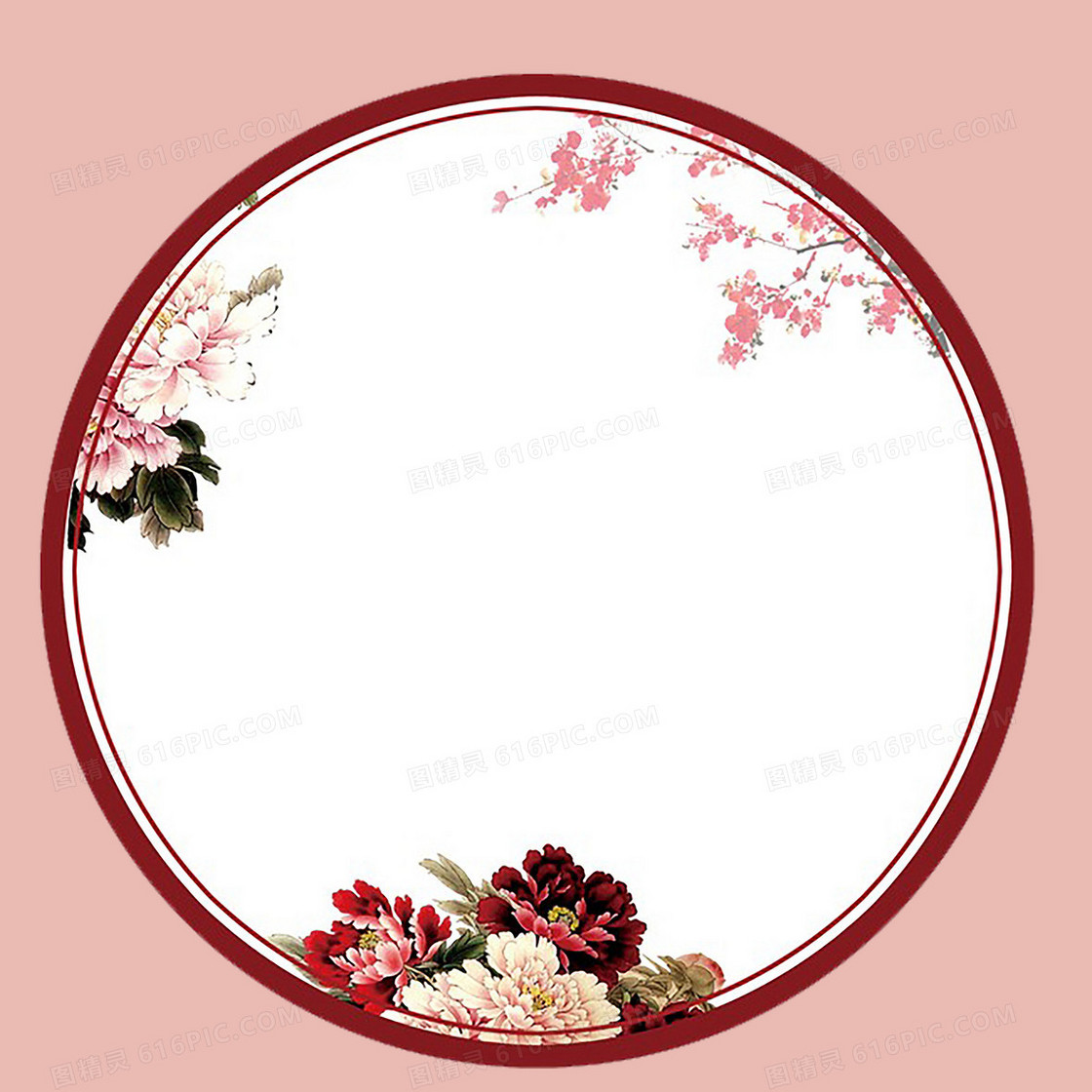 粉色圆形牡丹花卉边框