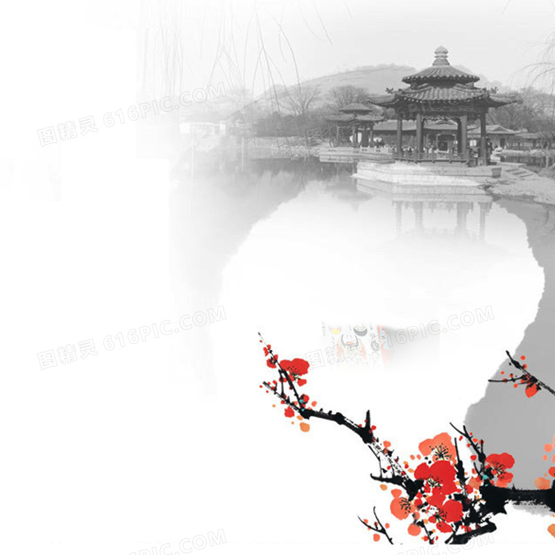 凉亭边上长有一棵寒梅背景图