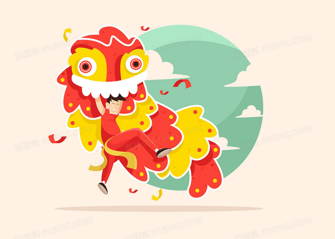 中国风新年节庆舞狮海报贺卡手绘背景素材