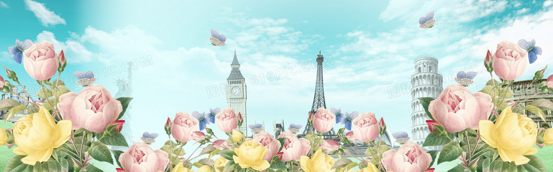 手绘花卉建筑城市背景