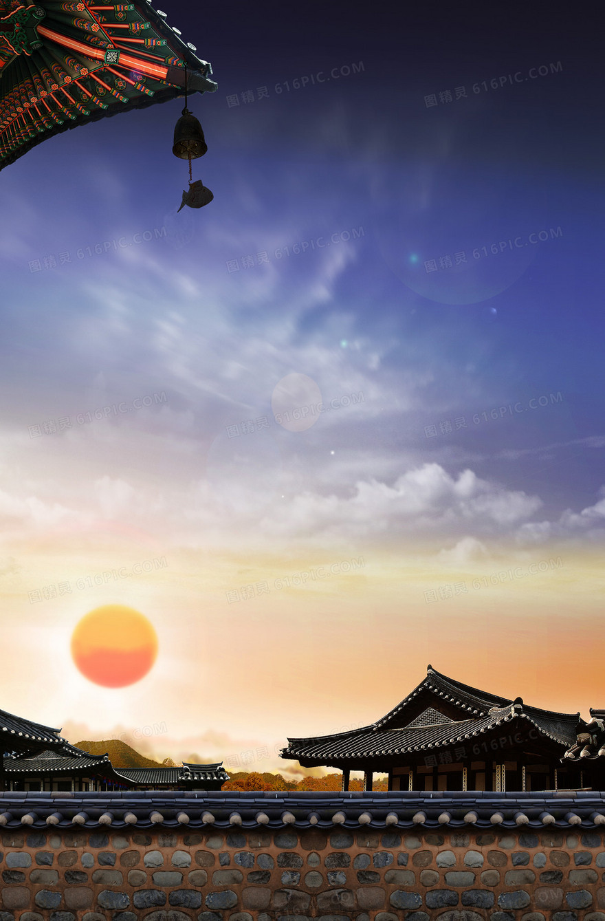 夕阳韩国别院印刷背景