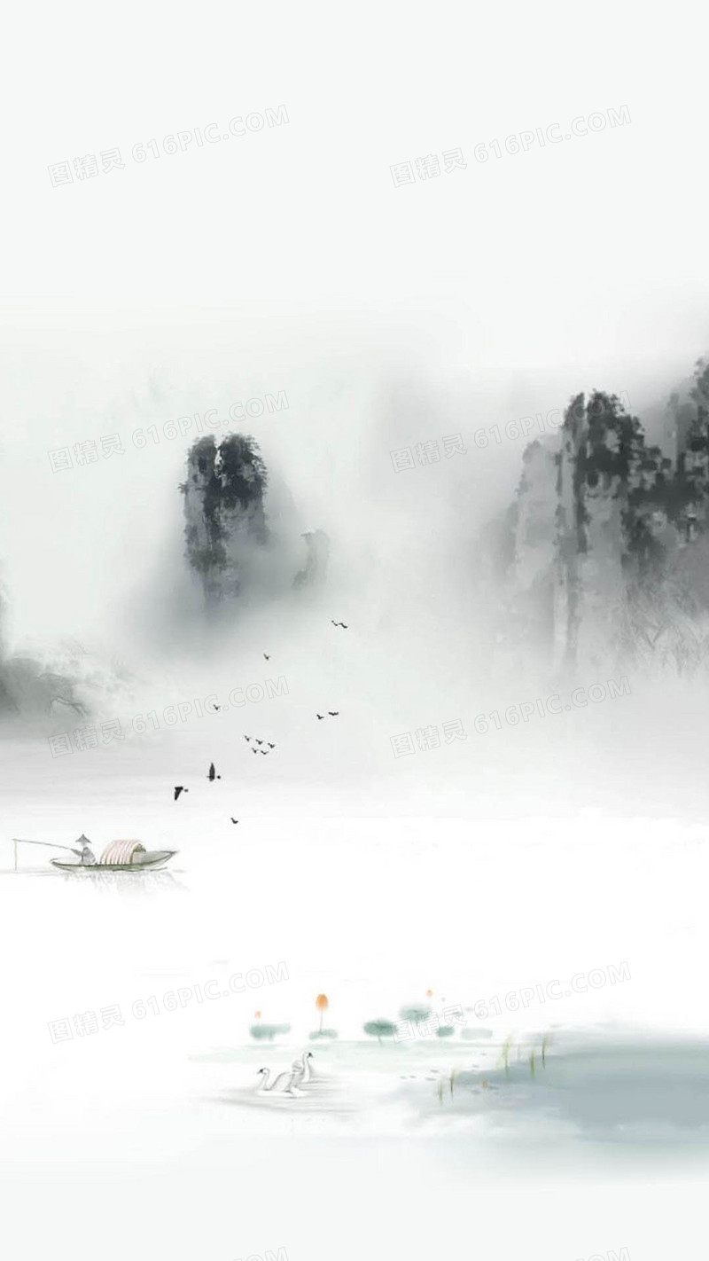 关键词:              渔船山峰流水水墨画古代风h5h5中国风