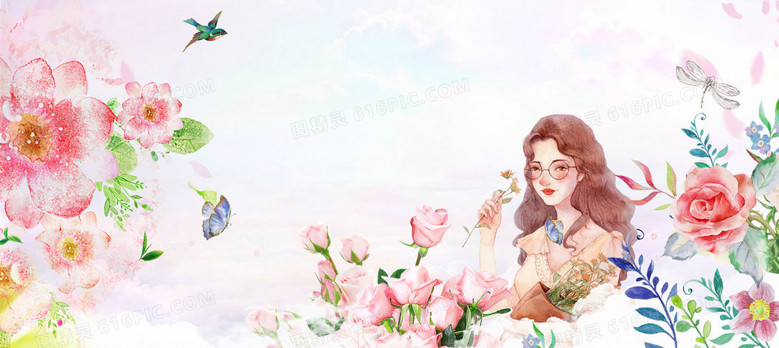 37女生节花朵燕子植物景色白banner