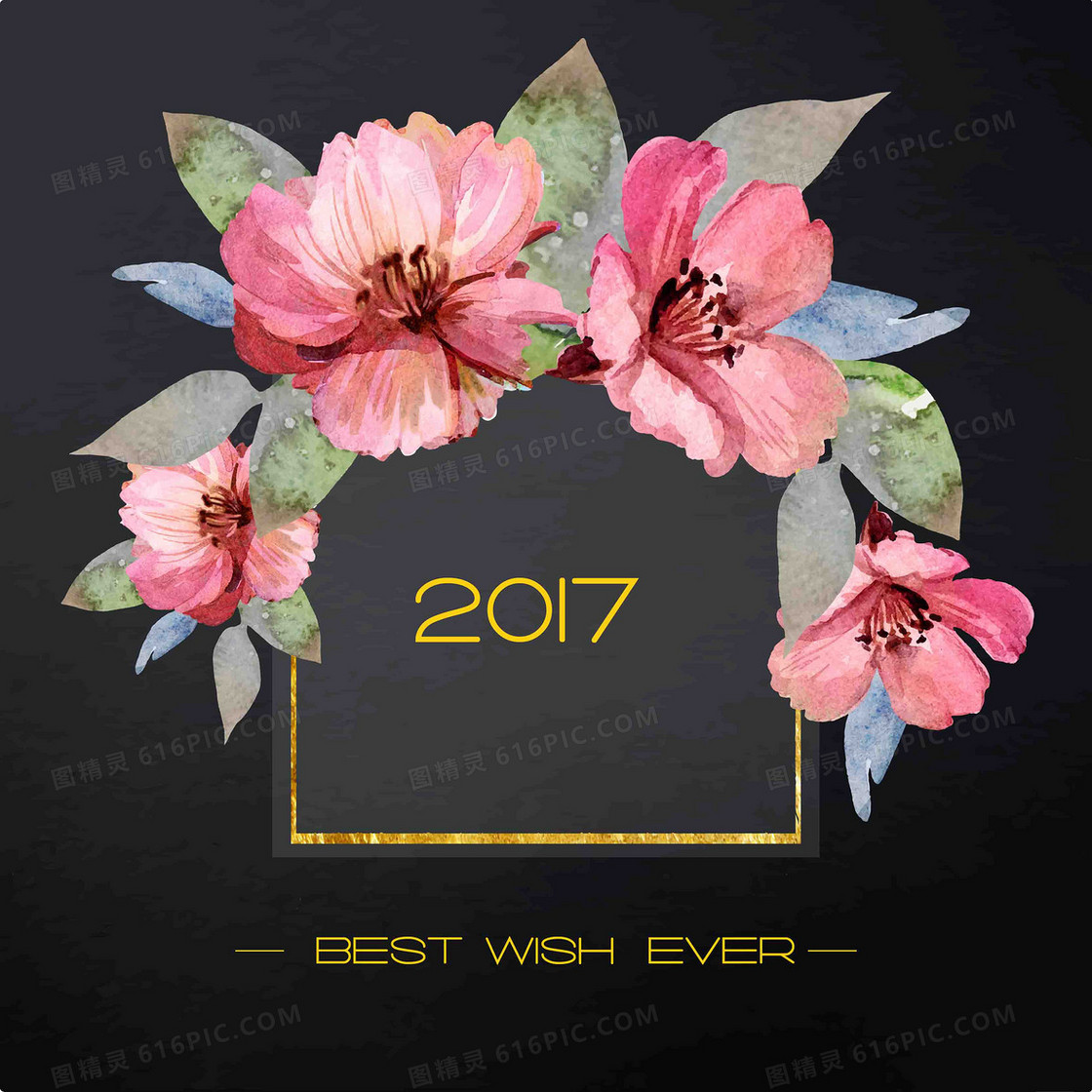 美式2017新年圣诞手绘鲜花祝福贺卡海报