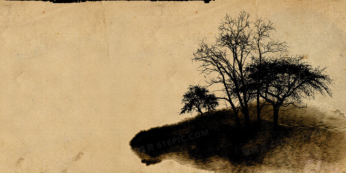 中国风水墨风格老旧宣纸树林背景素材