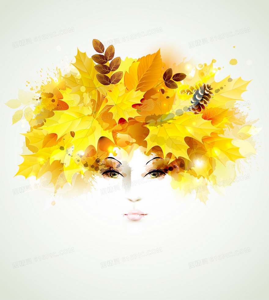 黄色树叶美女头像美容海报矢量背景