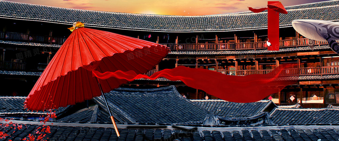 中国风红伞飘带背景