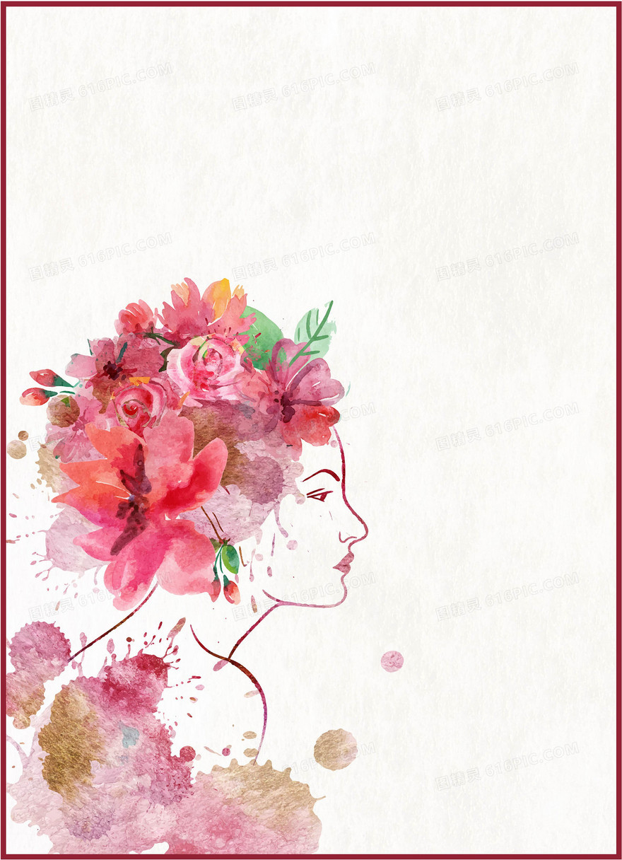 矢量水彩手绘女性头像花团背景素材