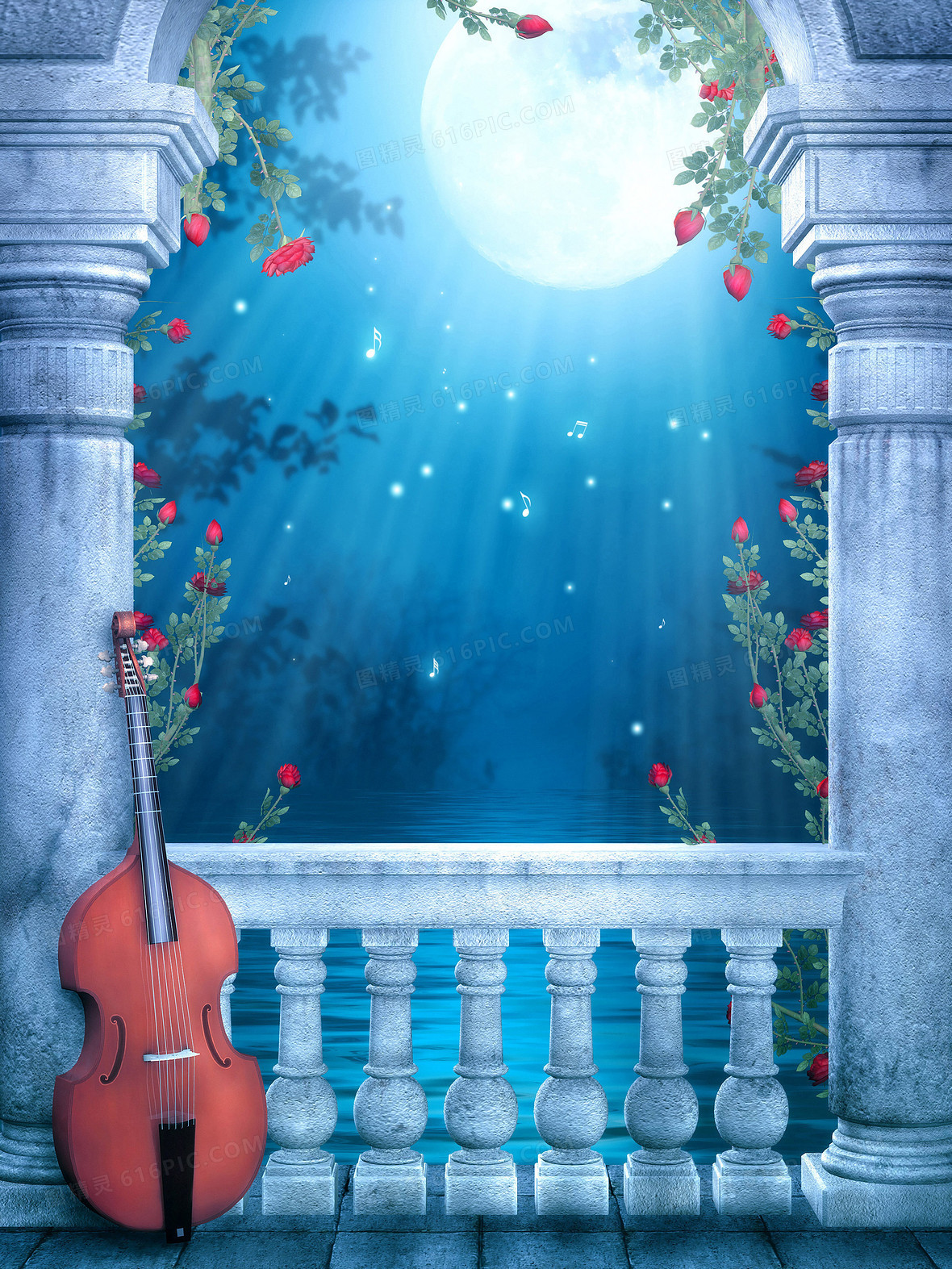夜色皎洁月光罗马柱小提琴背景