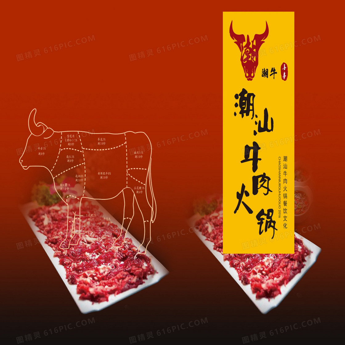 中式潮汕牛肉火锅背景素材
