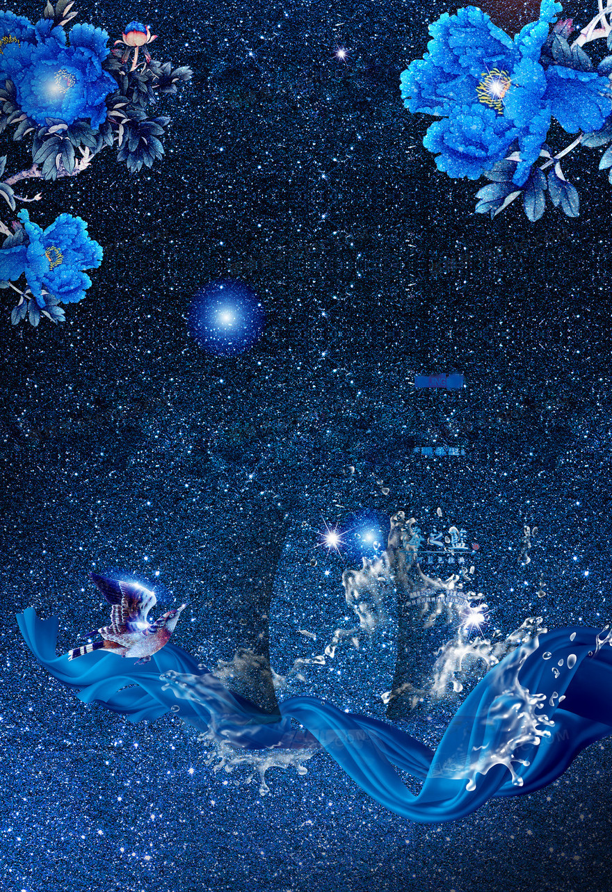 蓝色花卉浪漫星辰背景素材