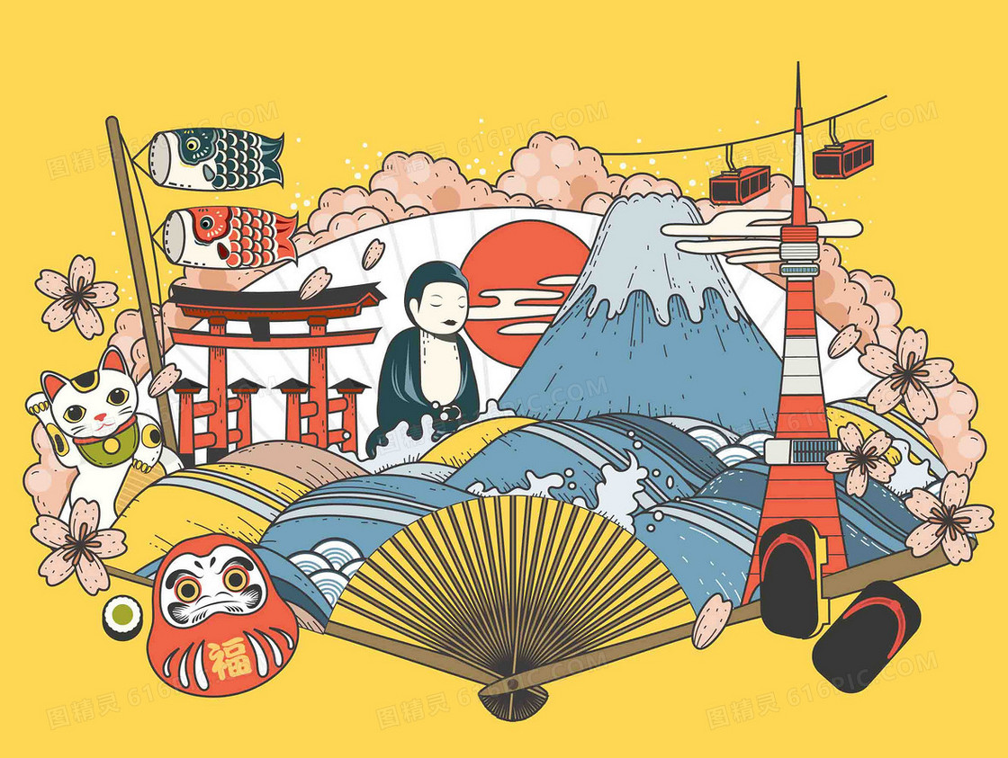 手绘矢量旅游日本景点奈良大佛招财猫海报