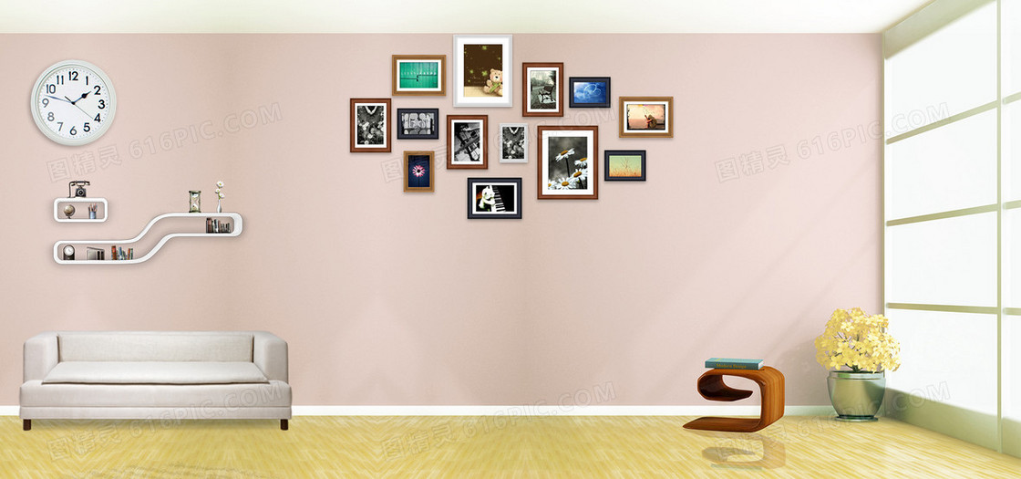 浅粉色时尚家居室内场景照片墙电商海报背景
