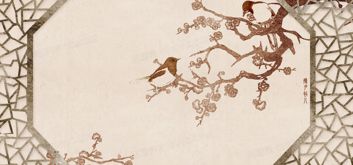 花鸟古画栅栏中国风传统banner背景图片下载_1920x900