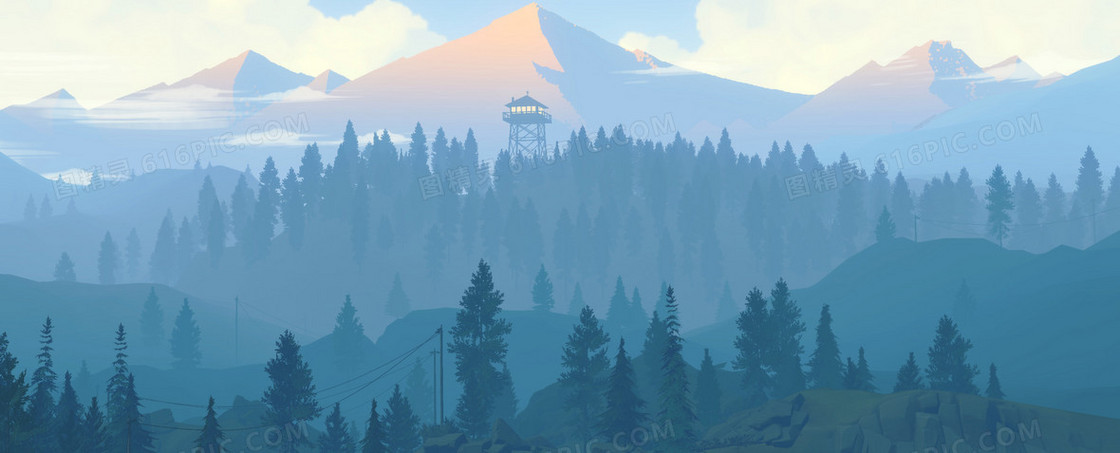 手绘远山森林背景