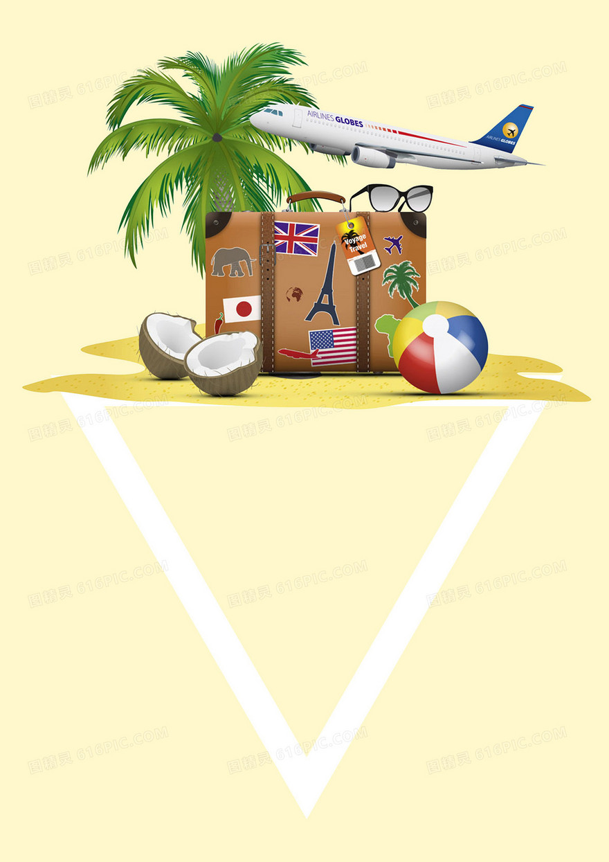 夏日旅行海南椰树旅行箱飞机出行背景素材