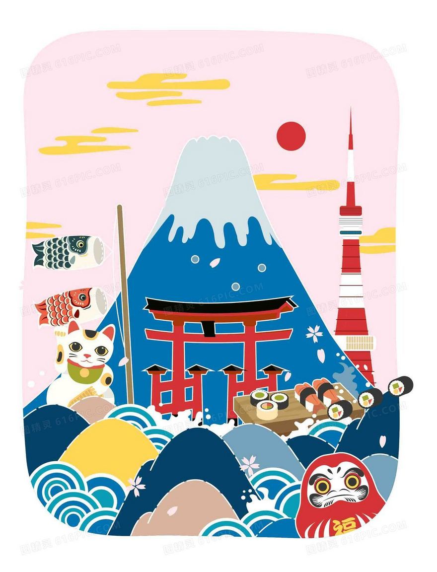 手绘矢量旅游日本景点樱花富士山招财猫海报