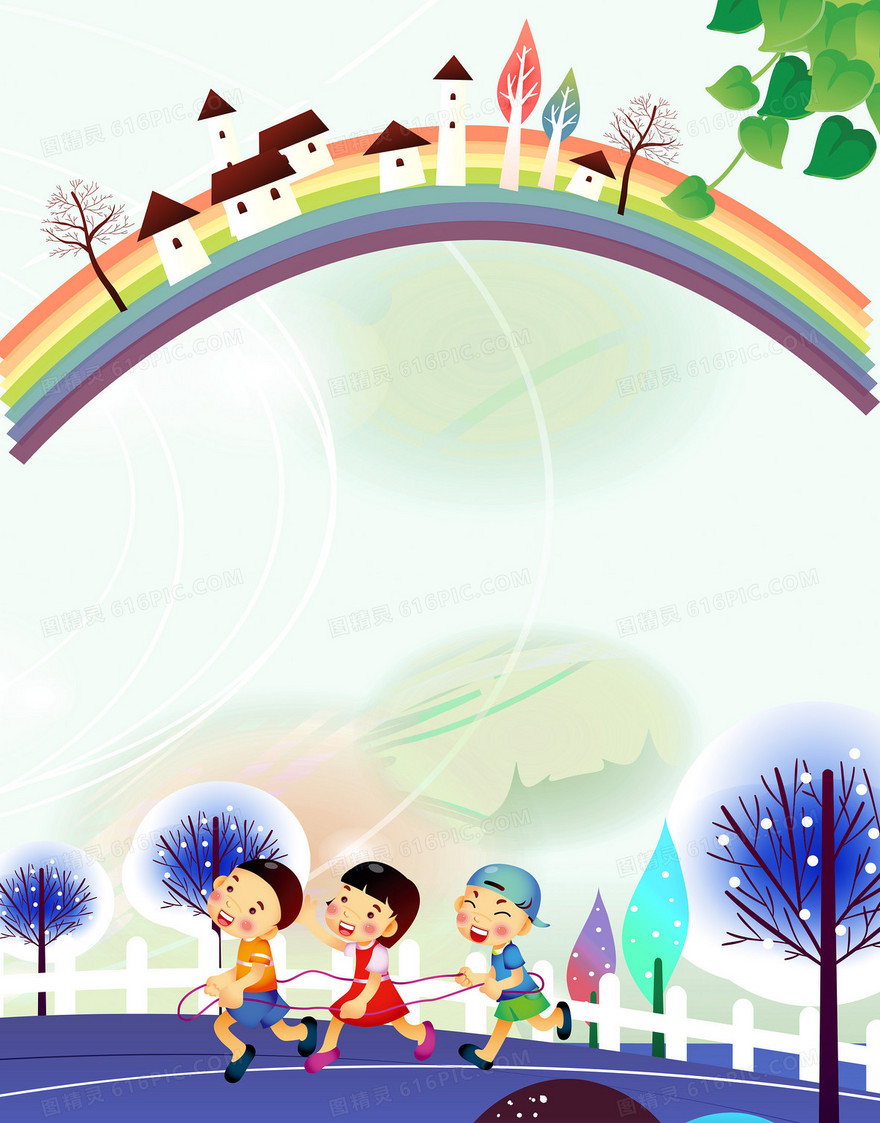卡通小孩彩虹淡绿色背景素材