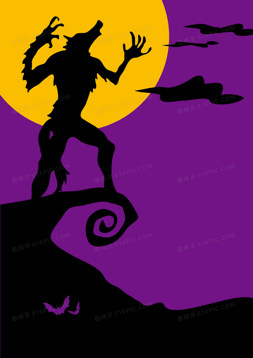 紫色卡通狼人海报背景素材