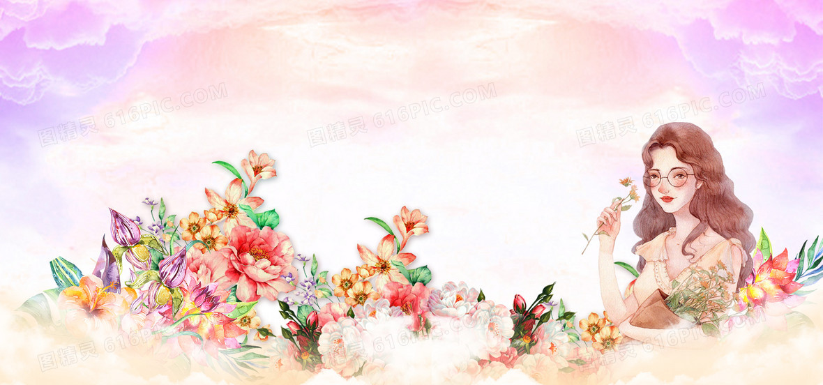 桃花节女生节梦幻浪漫手绘水粉banner背景图片下载_1920x830像素jpg