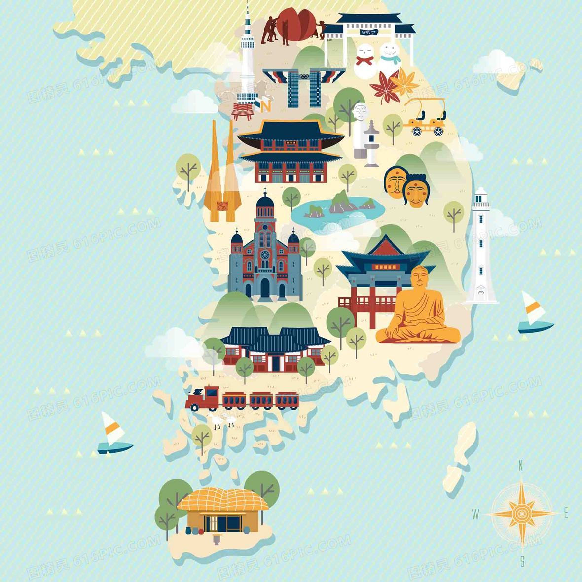 手绘矢量旅游韩国江原道景点地图海报背景