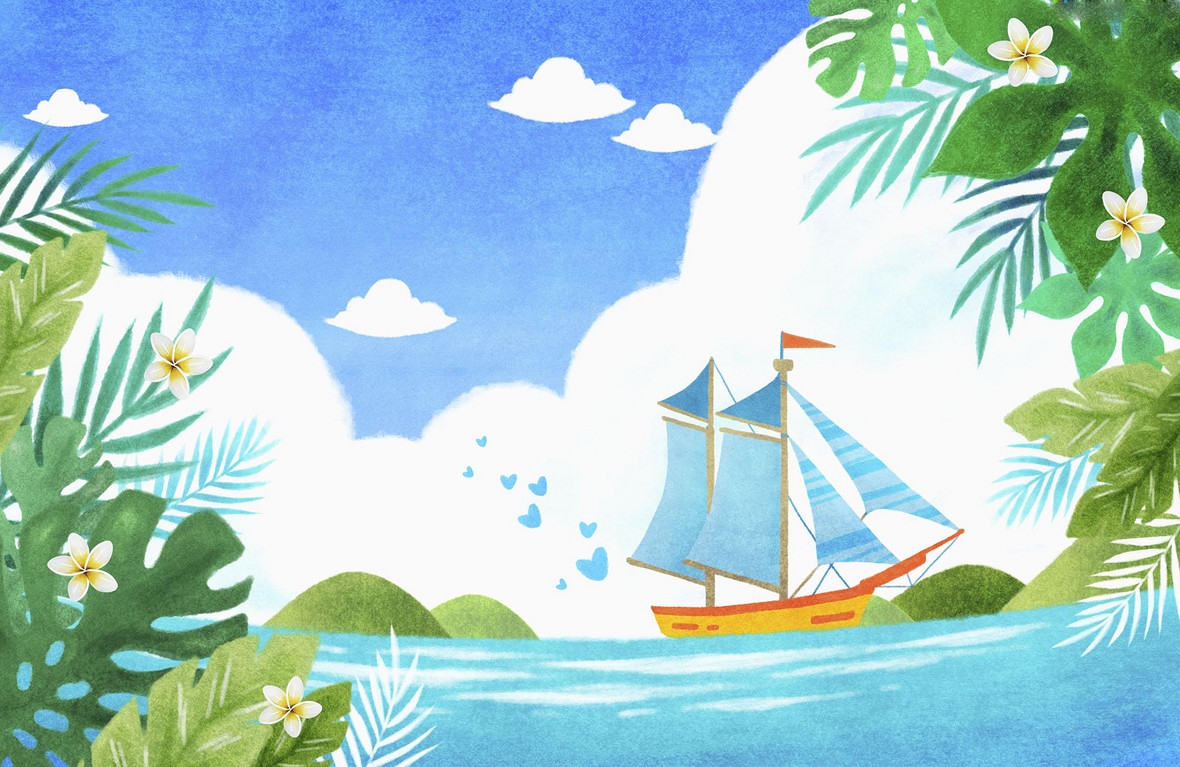 手绘夏日大海帆船平面广告