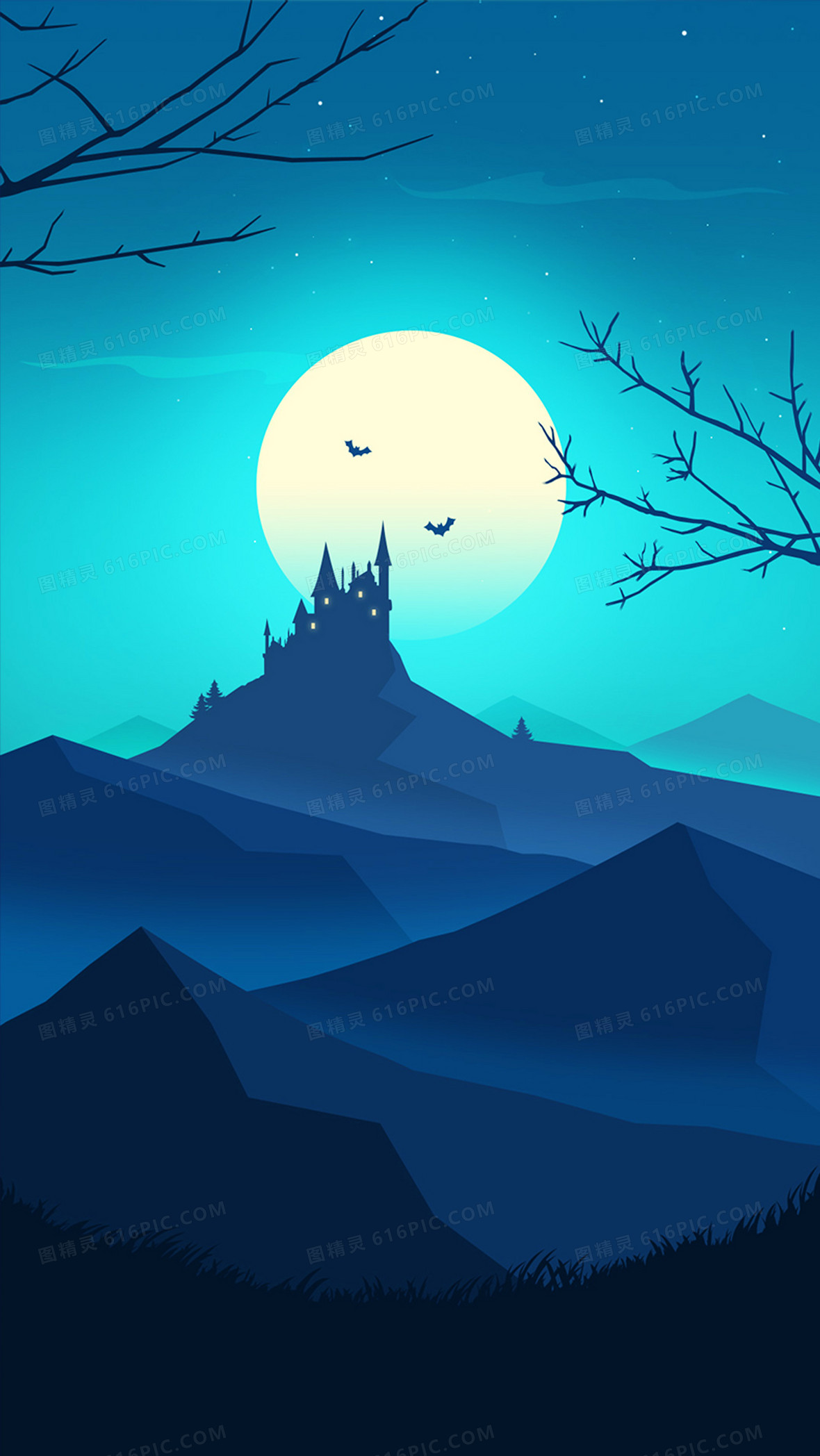 手绘蓝色矢量月夜城堡背景