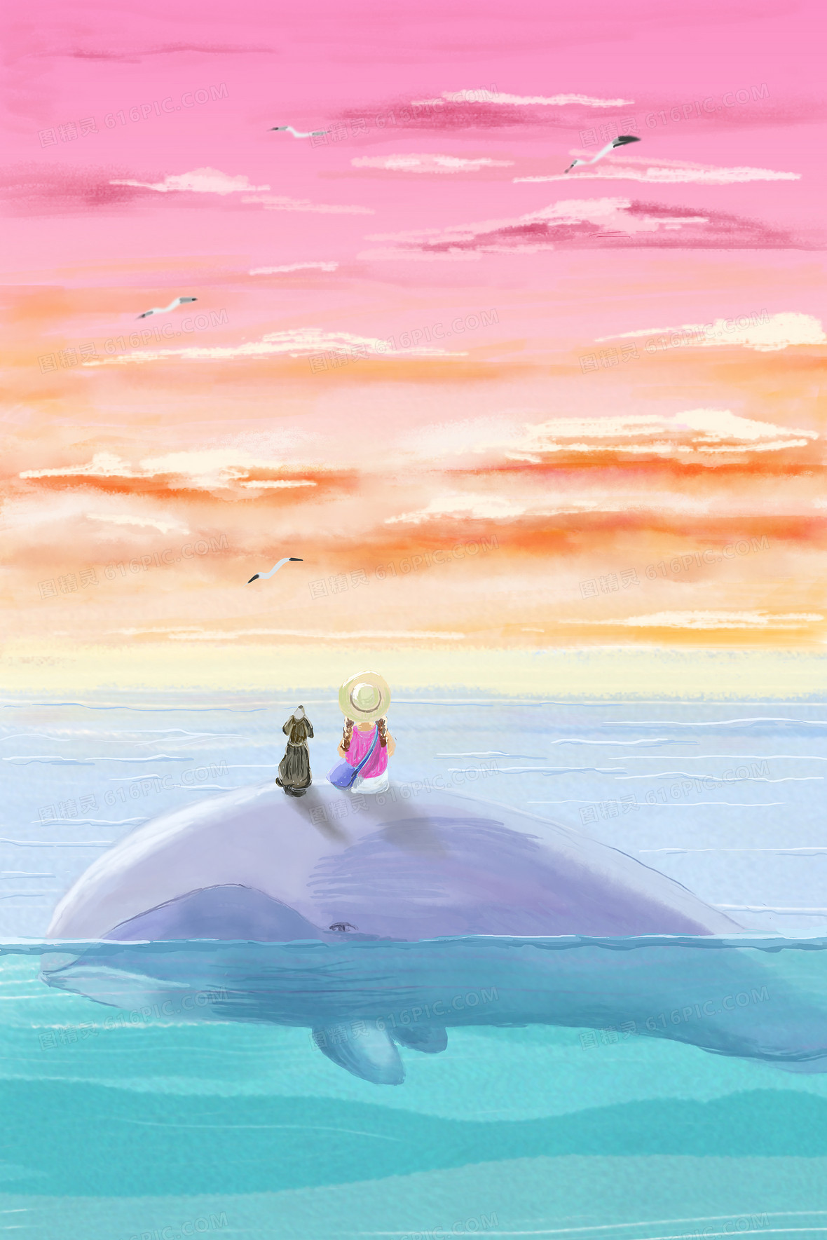 坐鲸鱼的女孩原创插画背景图片下载_3545x5315像素jpg
