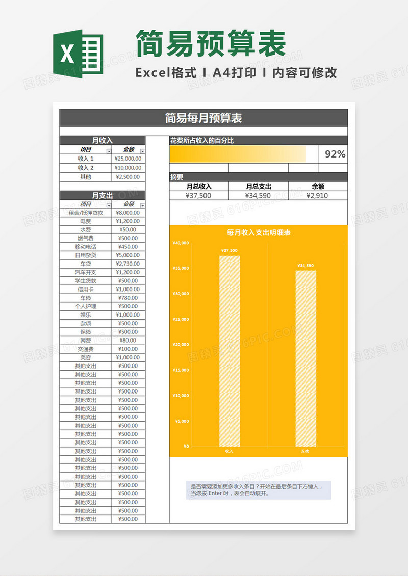 每月收支预算表excel表格