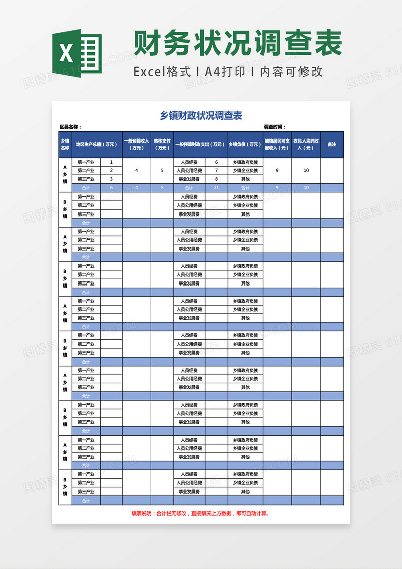 乡镇财政状况调查表excel表格模板