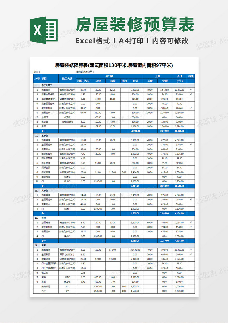 房屋装修预算表