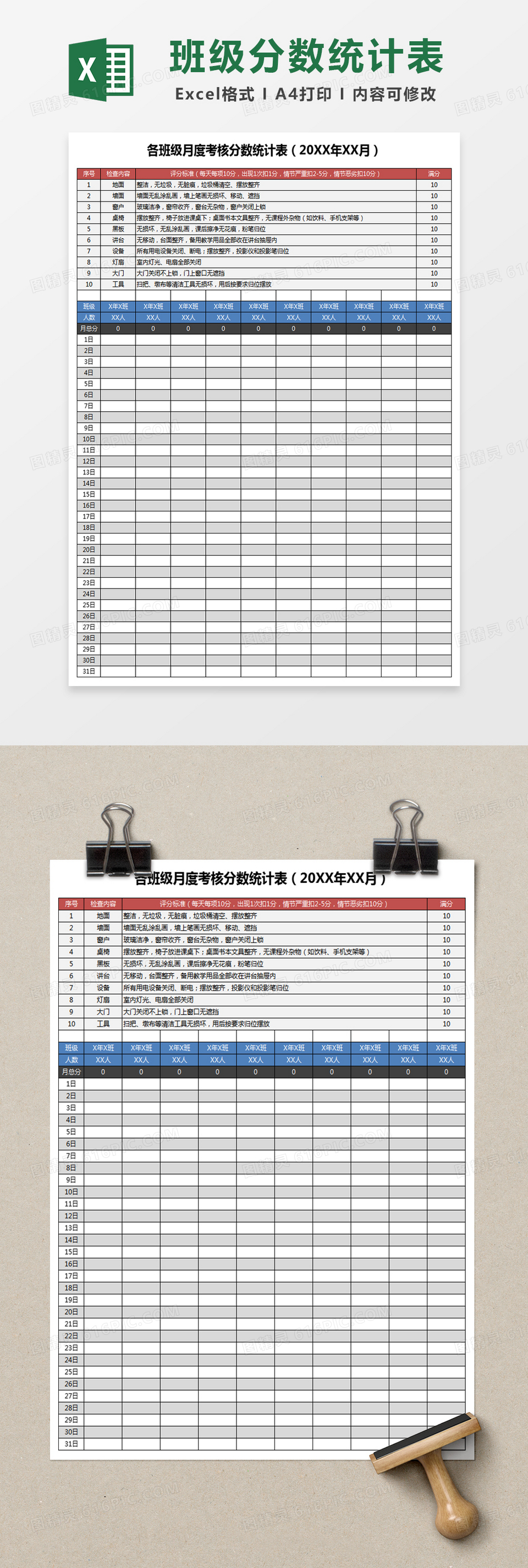 各班级月度考核分数统计表excel模板