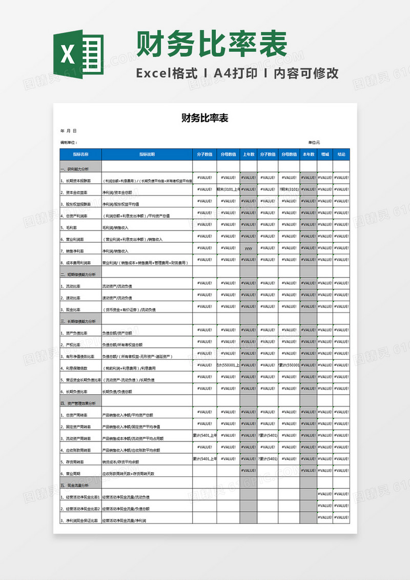 财务比率表excel模板