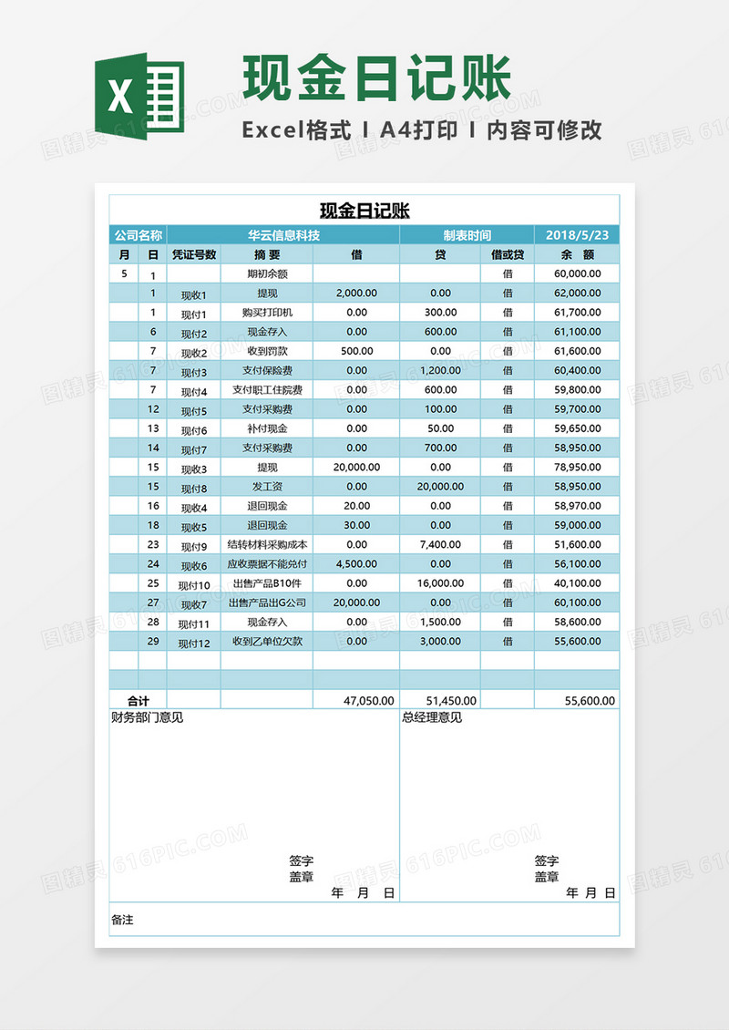 2018现金日记账excel模板