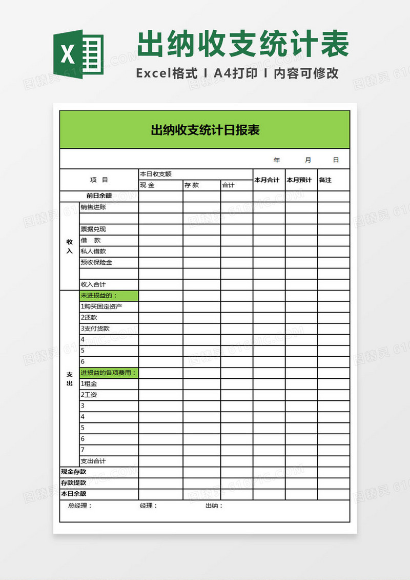 企业出纳收支统计日报表