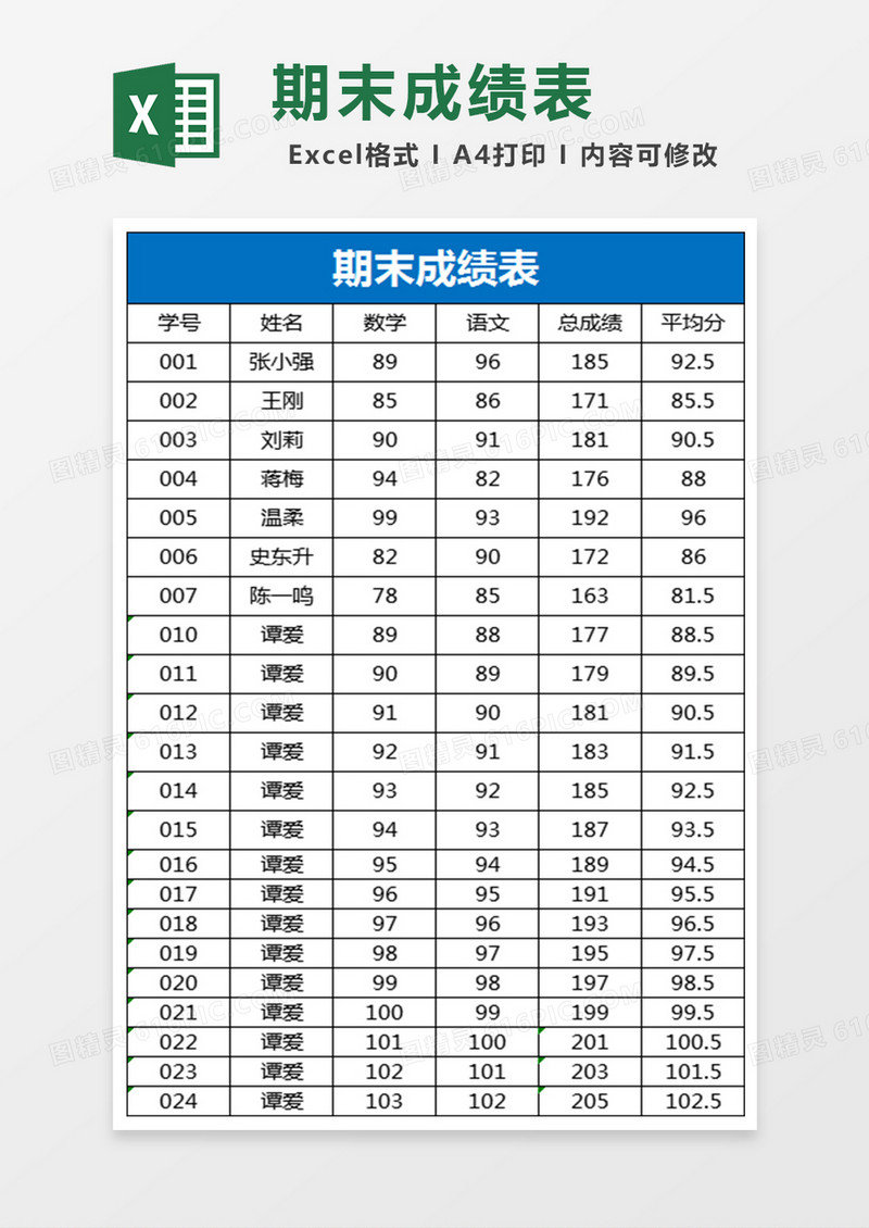 期末成绩表Excel表格 