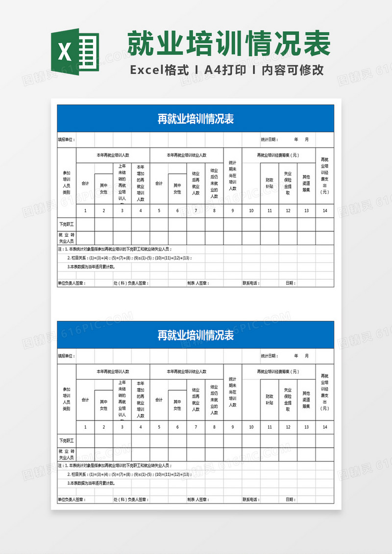 再就业培训情况表Excel表格