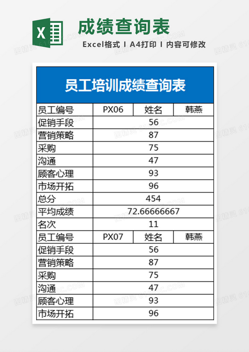 员工培训成绩查询表Excel表格