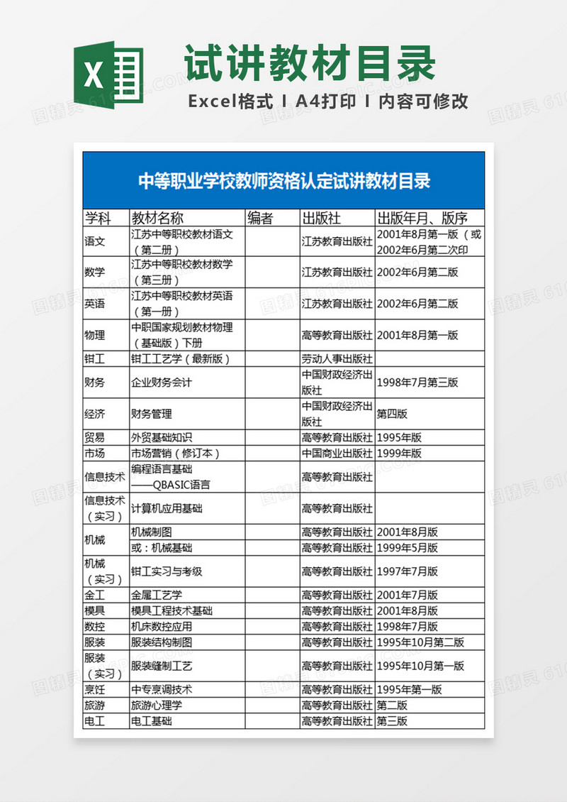 中等职业学校教师资格认定试讲教材目录Excel表格