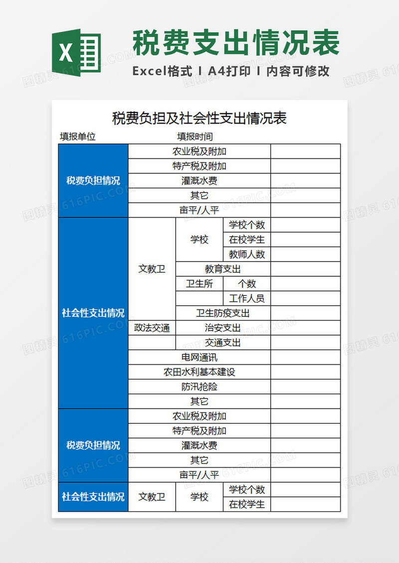 税费负担及社会性支出情况表Excel模板