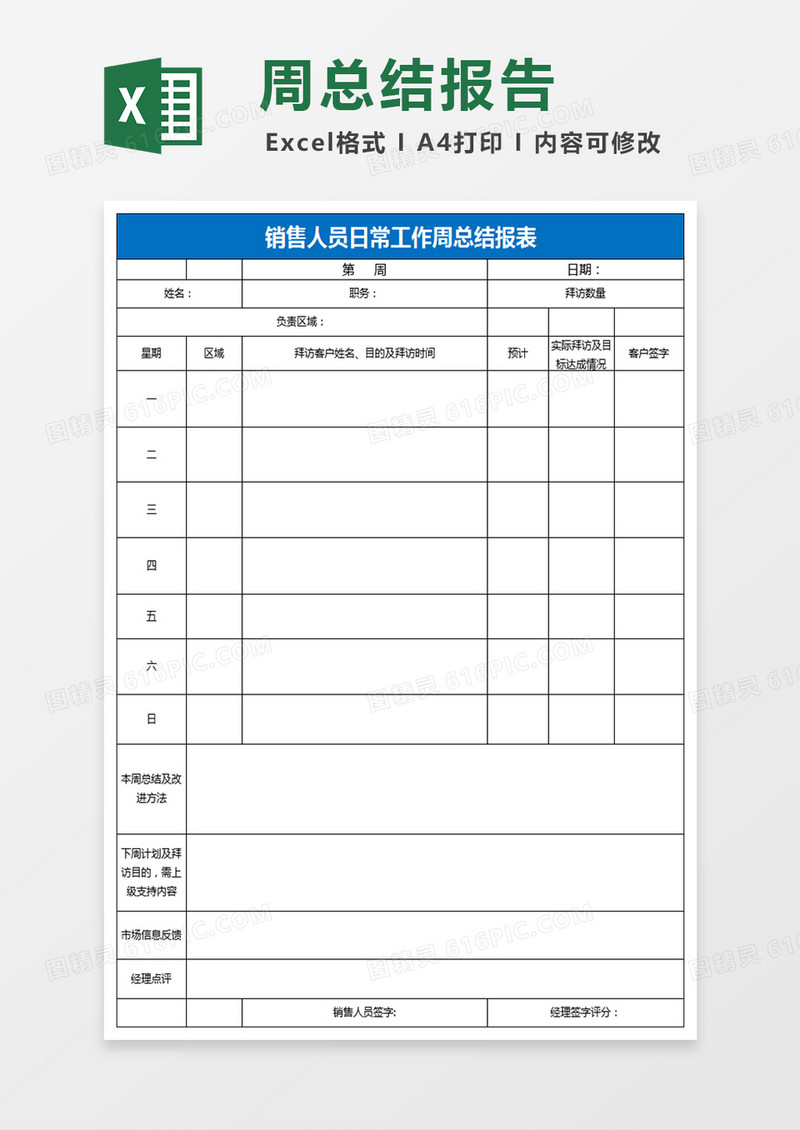 销售人员日常工作周总结表Excel表格