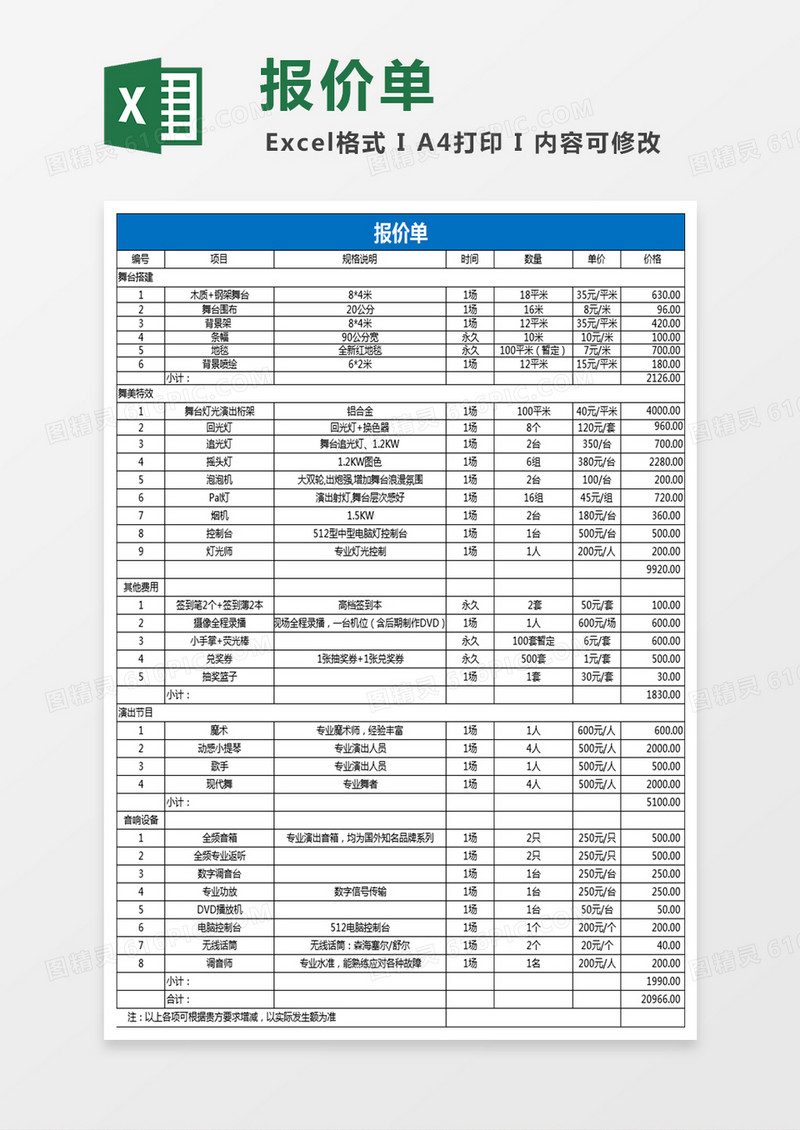 年会表演及晚宴费用预算Excel表格
