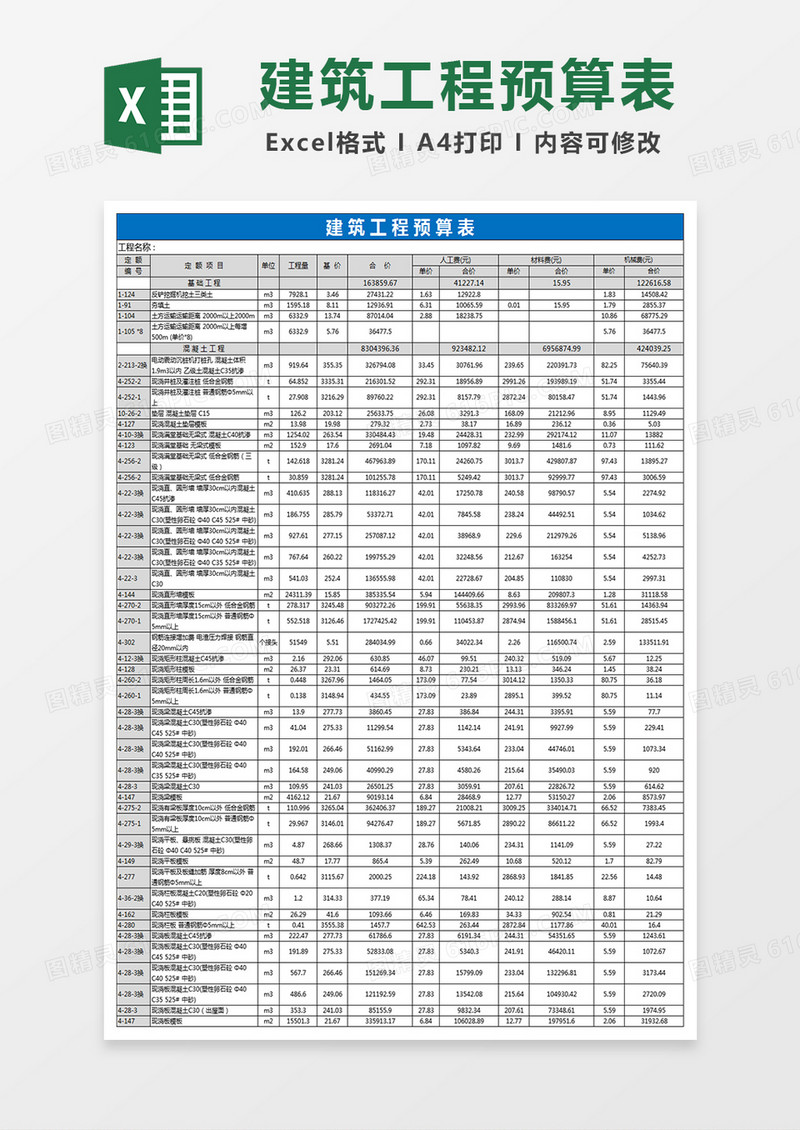 建筑工程预算表格